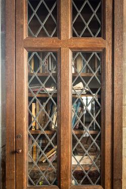 books in an ornate bookcase with glass and wooden door