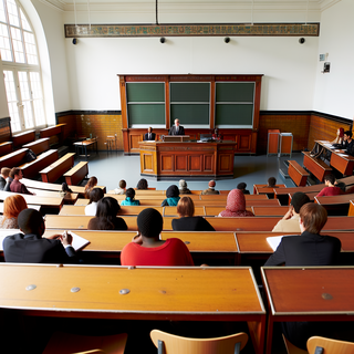Students sitting in a lecture hall room.